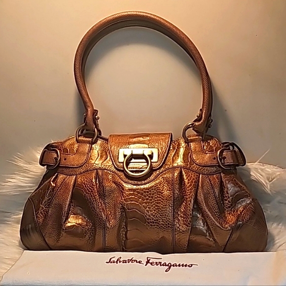 SALVADOR FERRAGAMO OSTRICH HAND BAG BROWN LEATHER - Picture 1 of 16